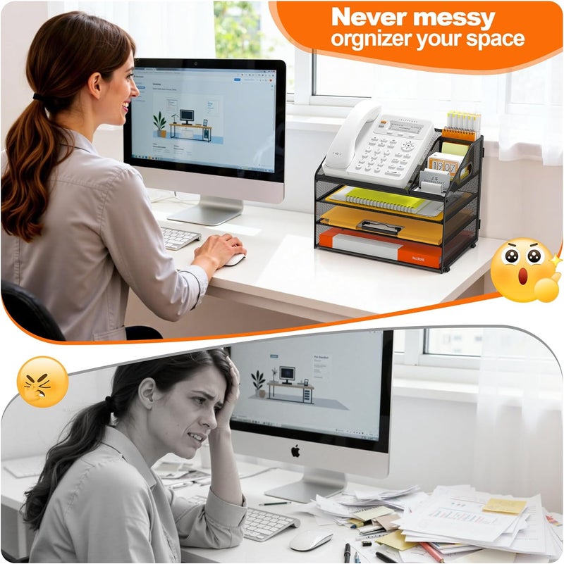 Docnest 4 Tier Metal Mesh Letter Tray - Space Saving Desk File Organizer with Handle, Pen Holder & Folder Holder - Desktop Document Sorter for Office, Home, School, Classroom - Black - Image 3